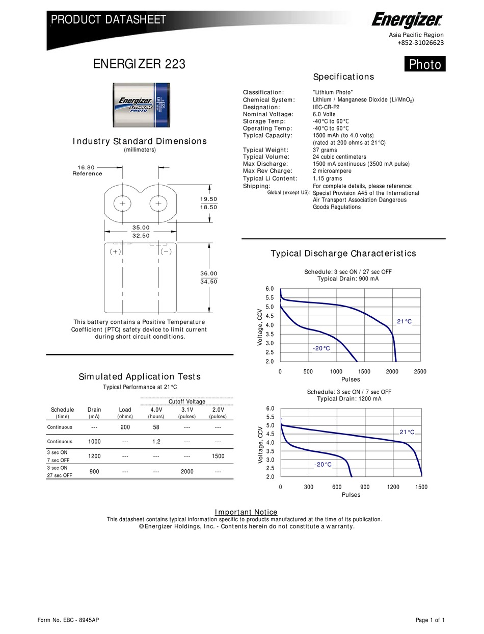 ENERGIZER DIGITAL CAMERA BATTERY 223 PRODUCT DATA SHEET Pdf Download