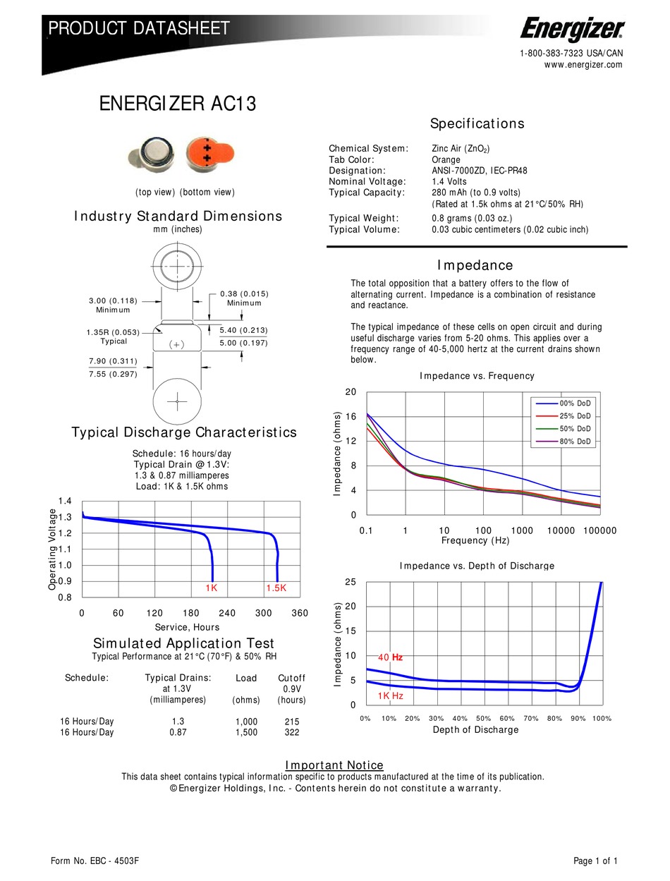 ENERGIZER AC13 PRODUCT DATA SHEET Pdf Download ManualsLib