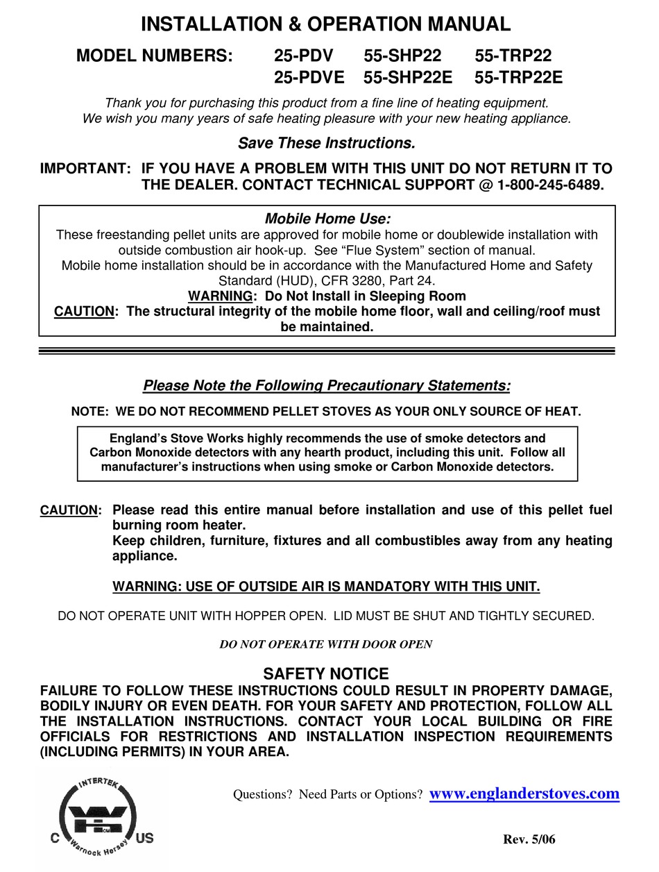 England S Stove Works 55 Trp22e Installation And Operation Manual Pdf Download Manualslib