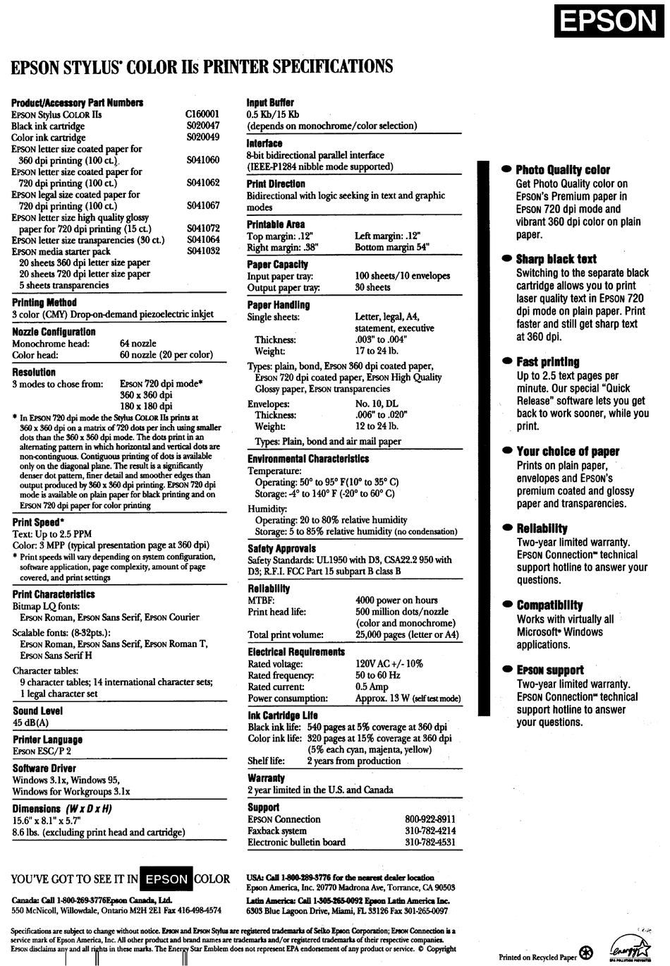 Epson Stylus Color Iis Specification Sheet Pdf Download Manualslib 5672