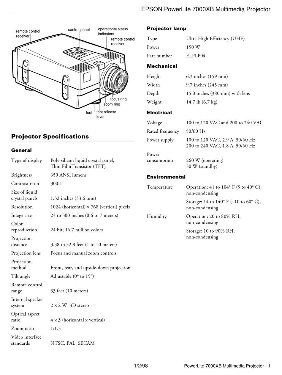 Epson Powerlite 7000xb Specifications Pdf Download Manualslib 8079