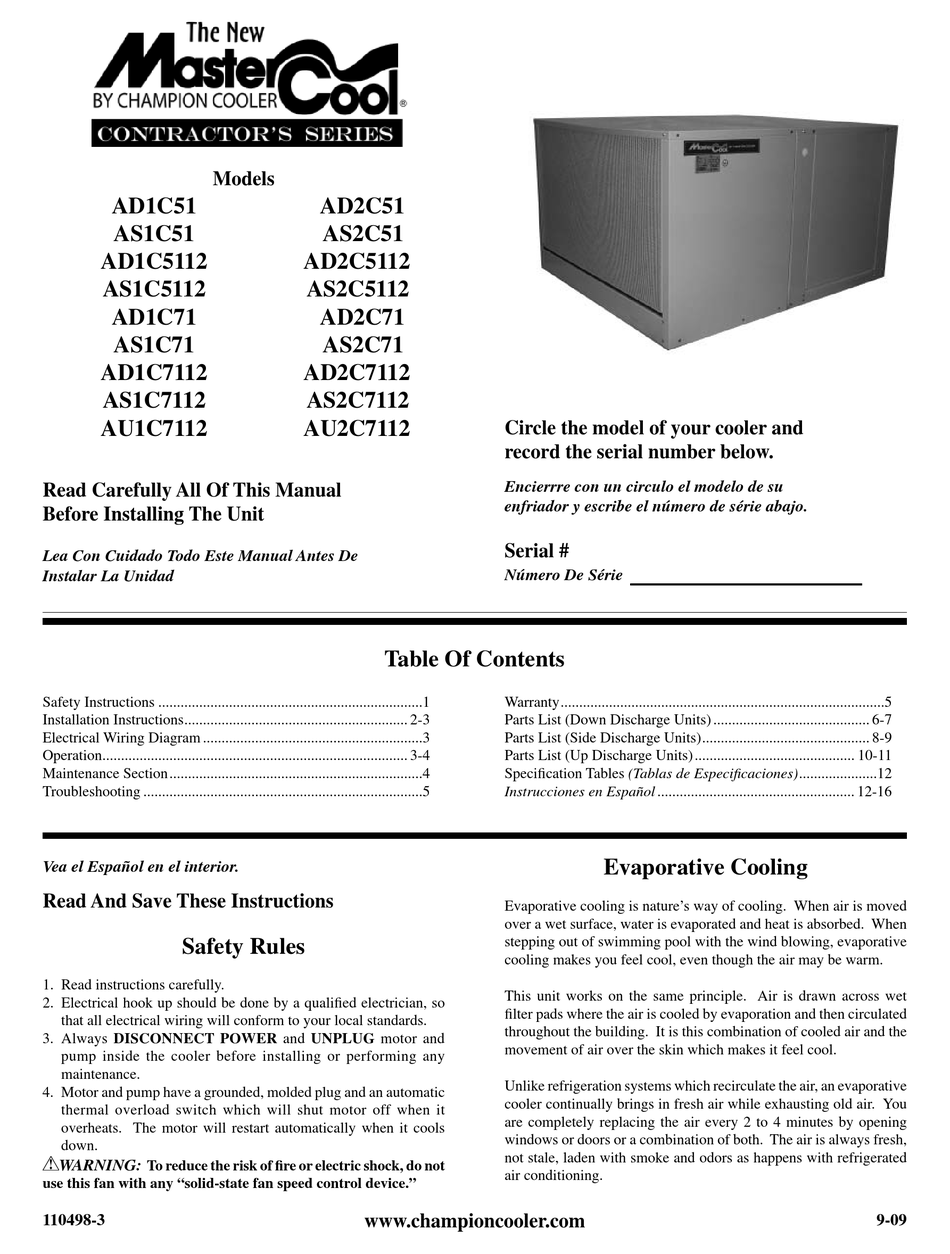 CHAMPION MASTERCOOL AD1C51 OWNER'S MANUAL Pdf Download | ManualsLib