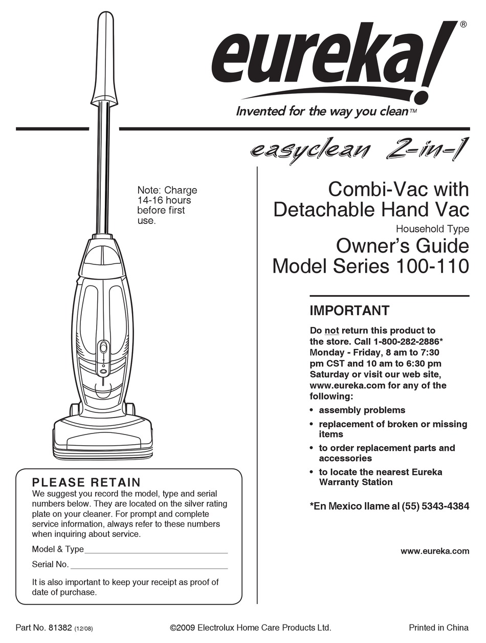 Eureka 100 110 Owner S Manual Pdf Download Manualslib