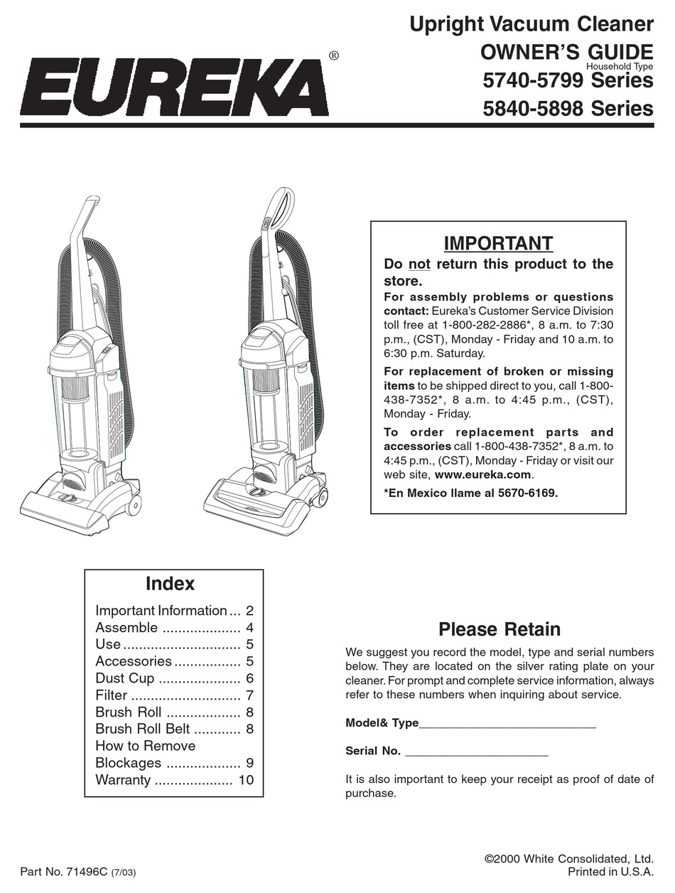 EUREKA 5840-5898 SERIES OWNER'S MANUAL Pdf Download | ManualsLib