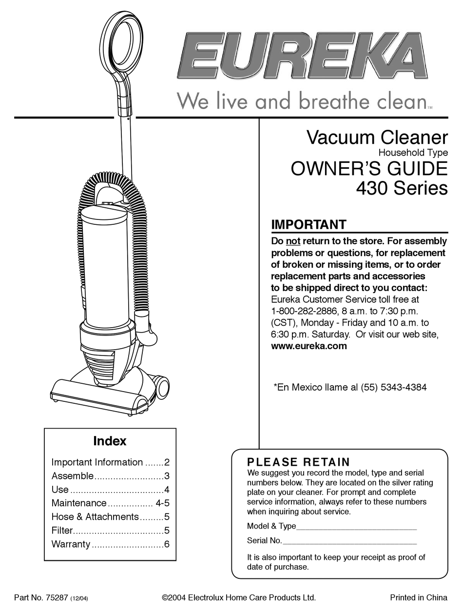 EUREKA OPTIMA 430 SERIES OWNER'S MANUAL Pdf Download ManualsLib