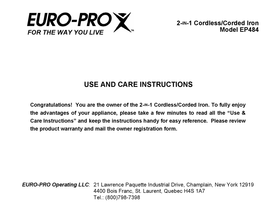 EUROPRO EP484 USE AND CARE INSTRUCTIONS MANUAL Pdf Download ManualsLib