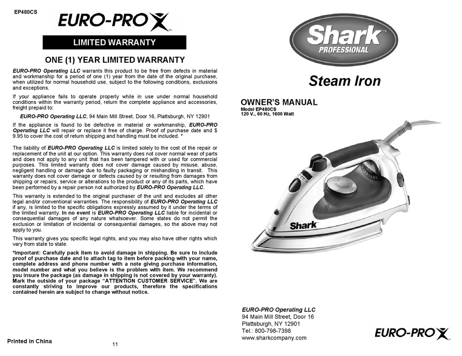 Shark Professional Ep480cs User Manual, Shark Lightweight Professional Iron 1500 Watts Manual