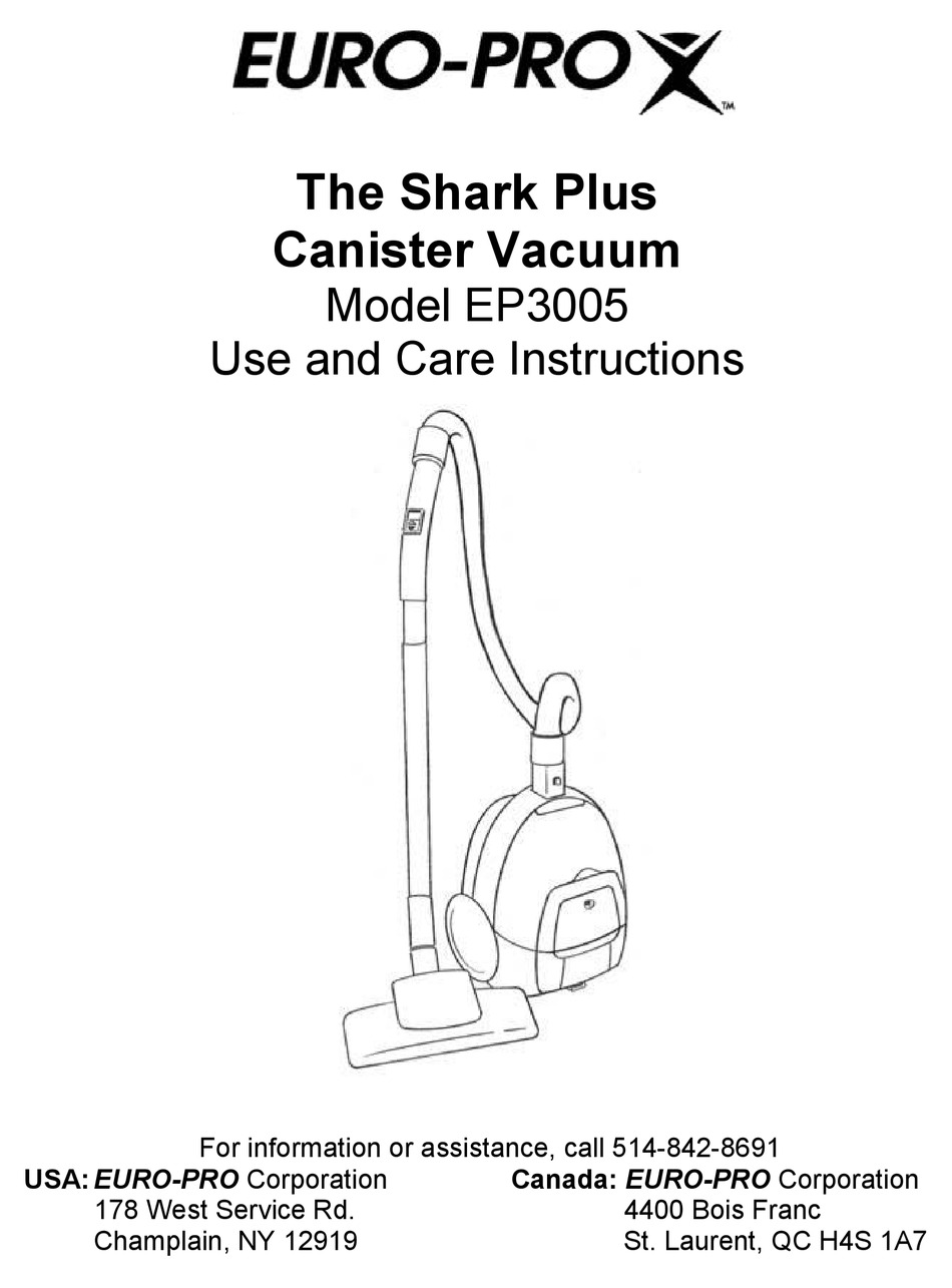 EUROPRO THE SHARK PLUS EP3005 USE AND CARE INSTRUCTIONS MANUAL Pdf