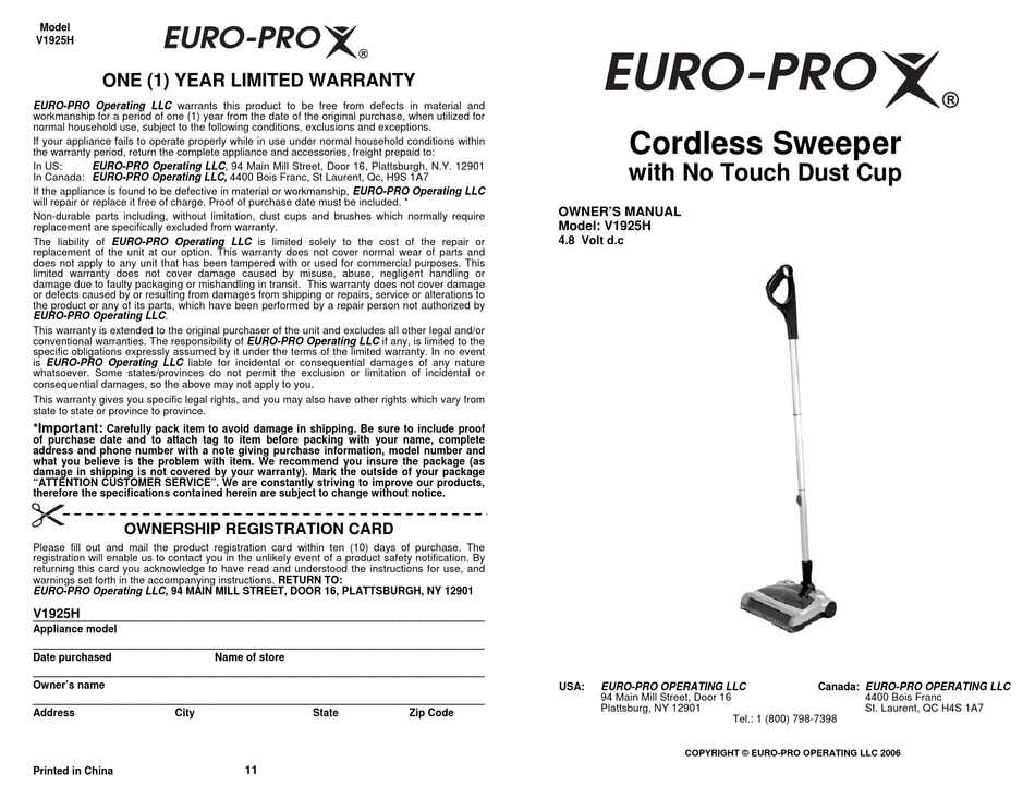 EUROPRO V1925H OWNER'S MANUAL Pdf Download ManualsLib