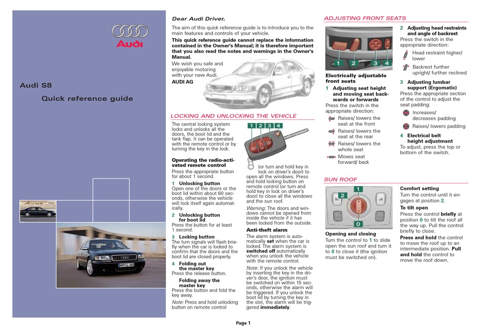 AUDI S8 QUICK REFERENCE MANUAL Pdf Download | ManualsLib