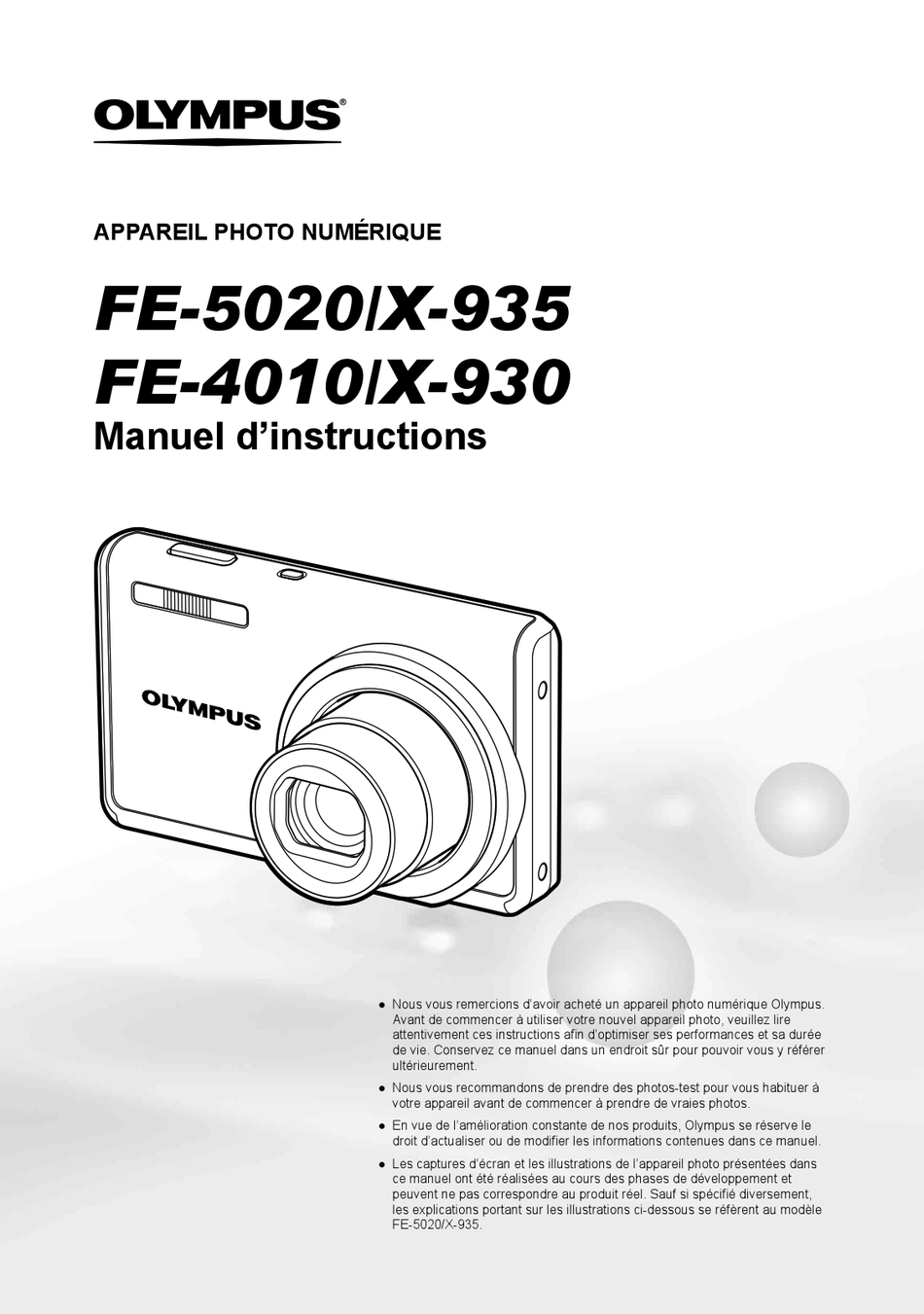 OLYMPUS FE 5020 DIGITAL CAMERA COMPACT MANUEL D'INSTRUCTIONS Pdf