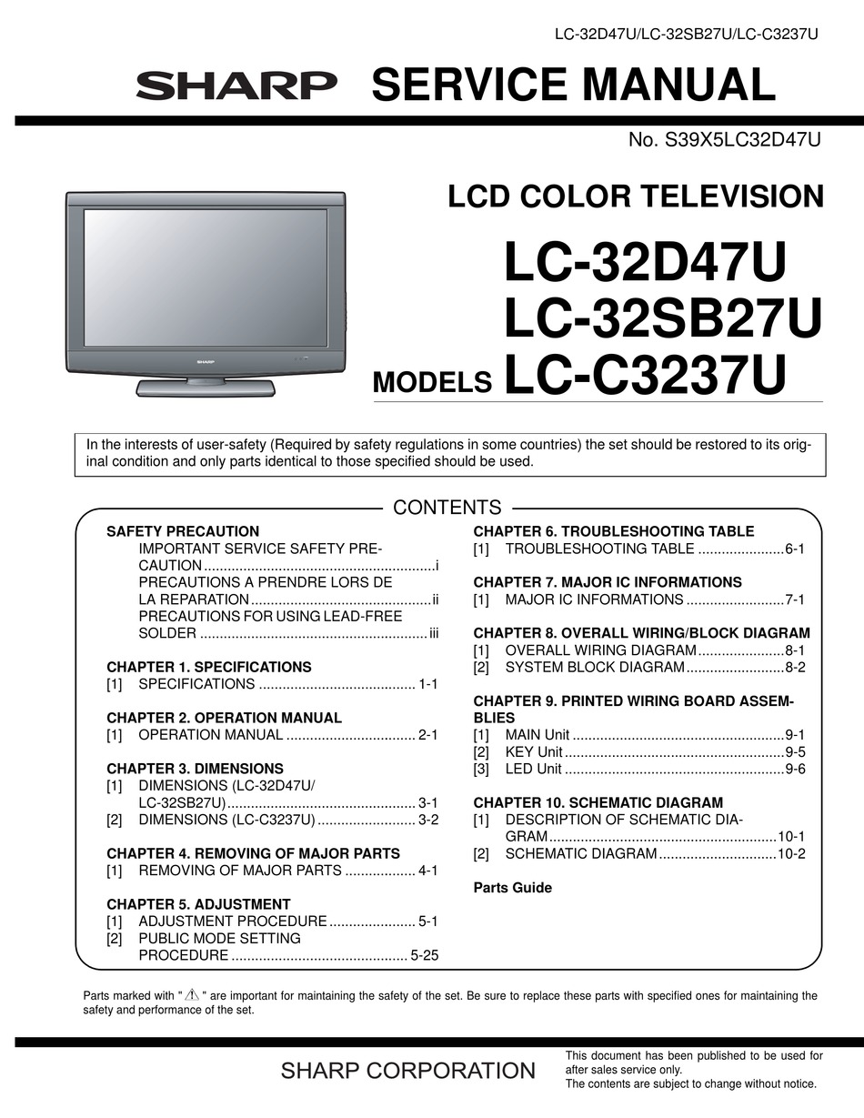 SHARP LC32SB27U - LC - 32" LCD TV SERVICE MANUAL Pdf Download | ManualsLib