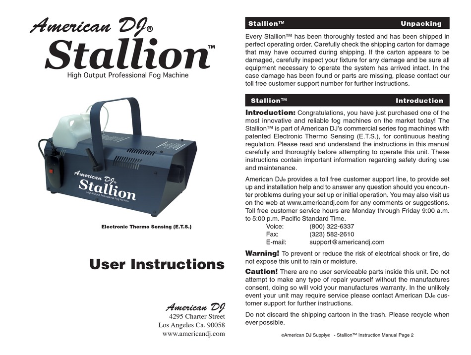 American Dj Stallion User Instructions Pdf Download Manualslib