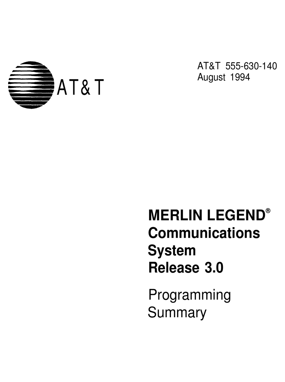 AT&T MERLIN LEGEND RELEASE 3.0 PROGRAMMING SUMMARY MANUAL Pdf Download ...