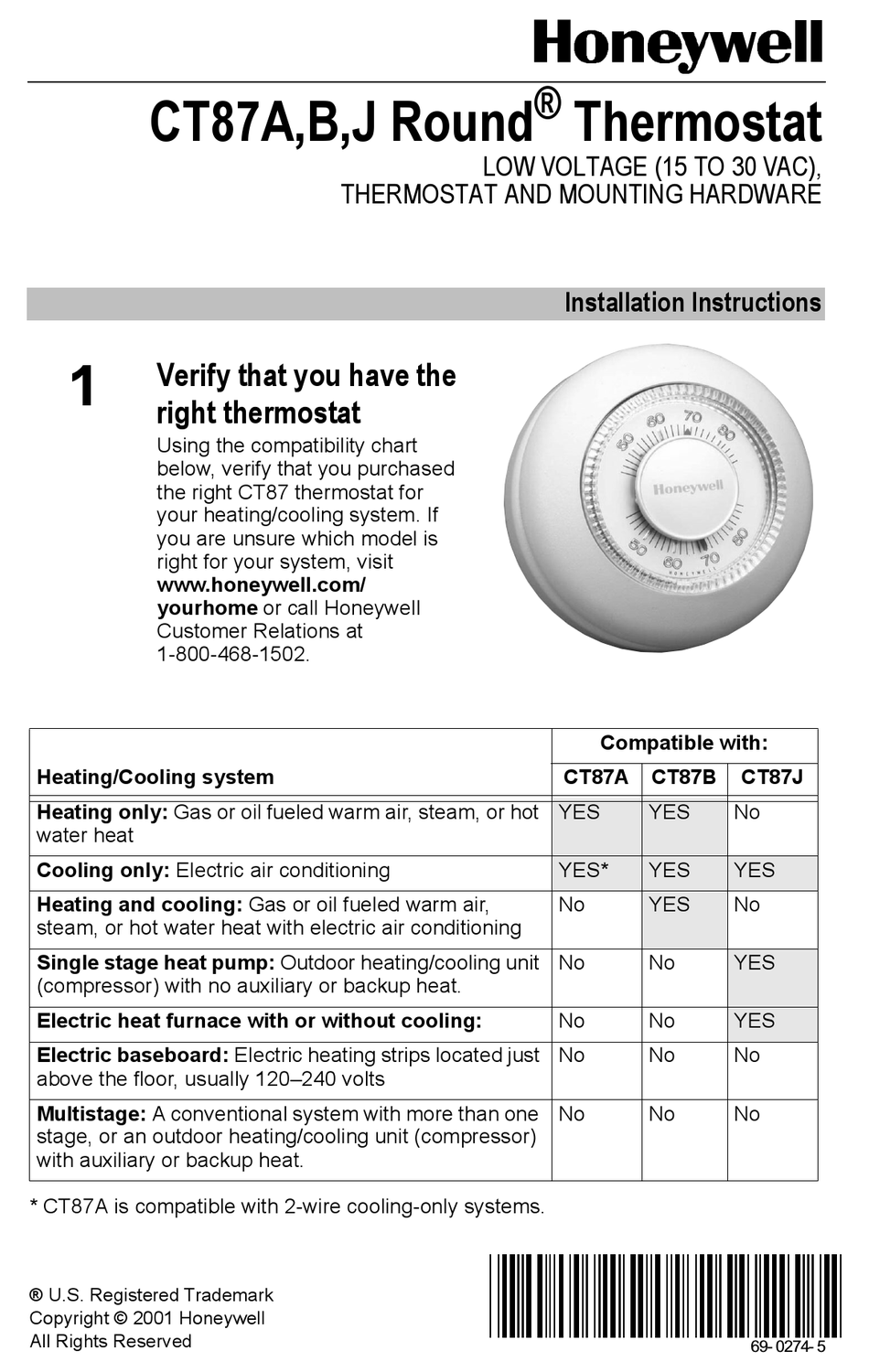 Honeywell Ct87a Round Installation, 2 Wire Honeywell Thermostat Wiring Diagram Pdf
