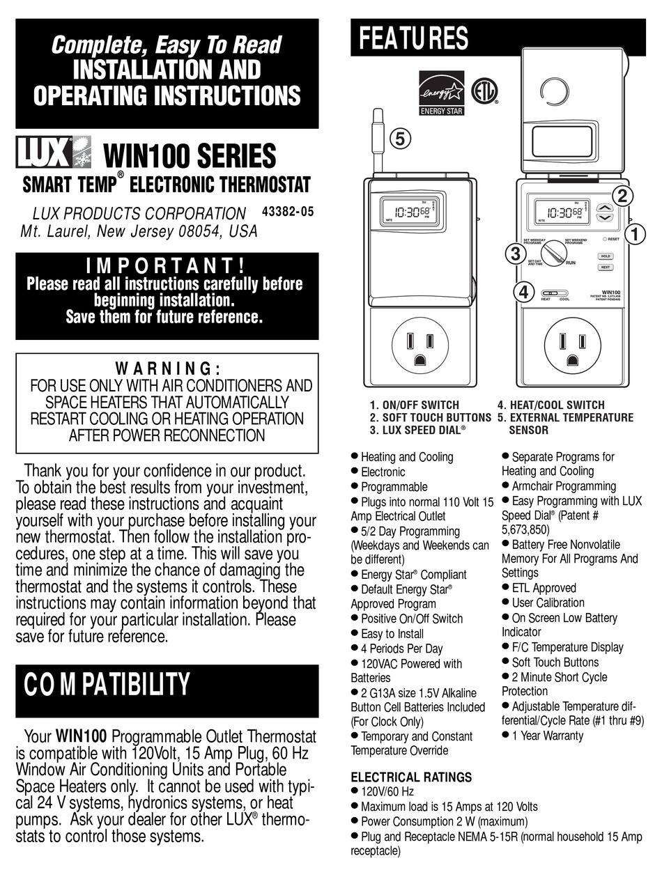LUX PRODUCTS WIN100 SERIES INSTALLATION AND OPERATING INSTRUCTIONS