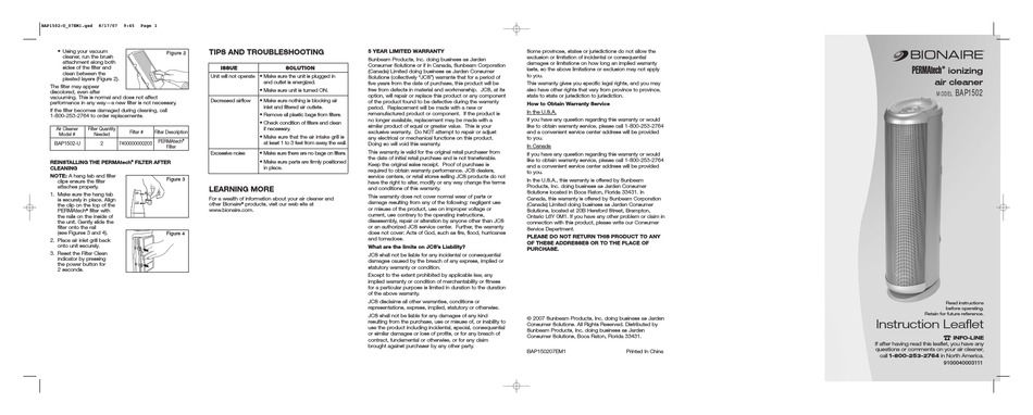 BIONAIRE PERMATECH BAP1502 INSTRUCTION LEAFLET Pdf Download