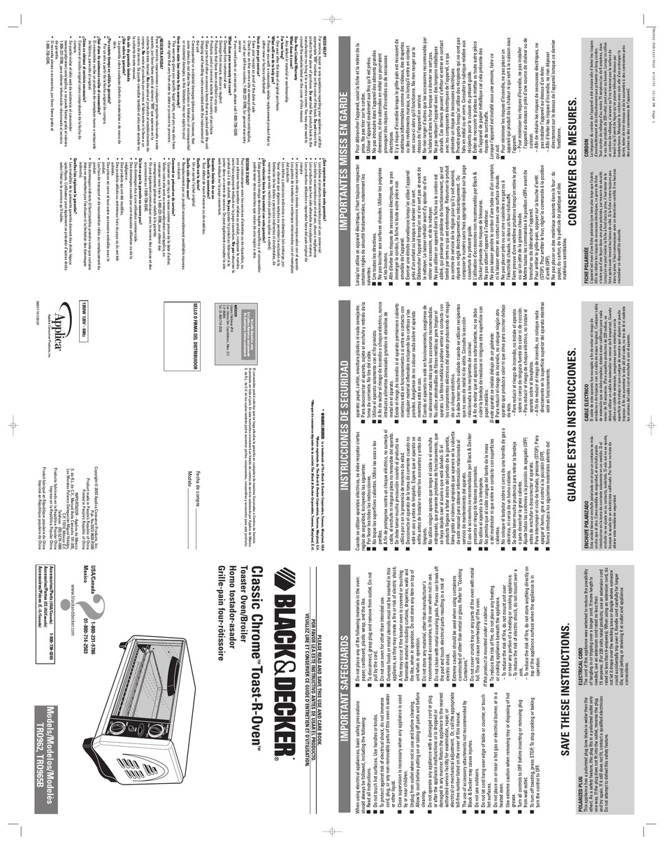 BLACK & DECKER TOAST-R-OVEN TRO490BC USE AND CARE BOOK MANUAL Pdf