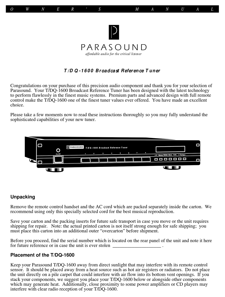 Parasound T Dq 1600 Owner S Manual Pdf Download Manualslib