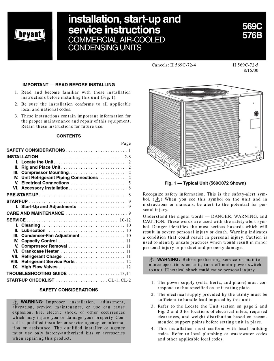 BRYANT 569C INSTALLATION, START-UP AND SERVICE INSTRUCTIONS MANUAL Pdf ...