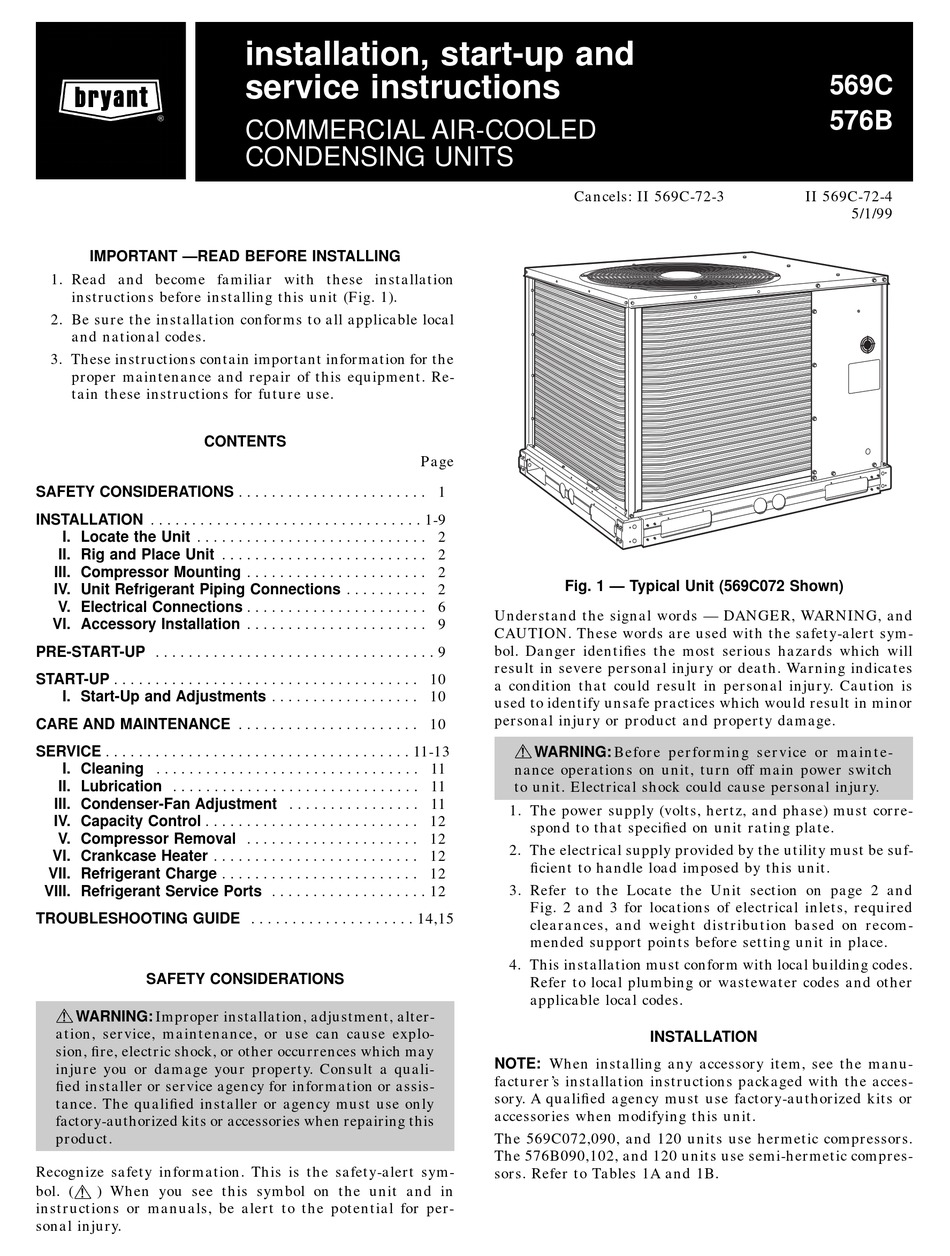 BRYANT 569C INSTALLATION, START-UP AND SERVICE INSTRUCTIONS MANUAL Pdf ...