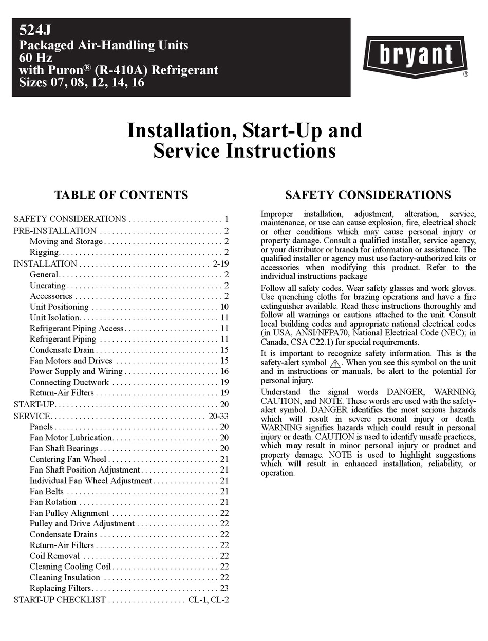 BRYANT 524J INSTALLATION, START-UP AND SERVICE INSTRUCTIONS MANUAL Pdf ...