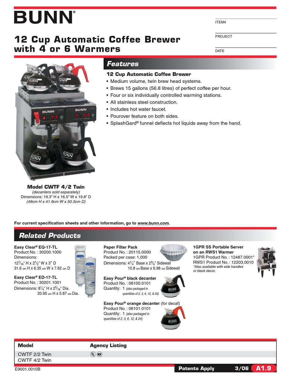 BUNN CWTF 4/2 TWIN SPECIFICATION Pdf 