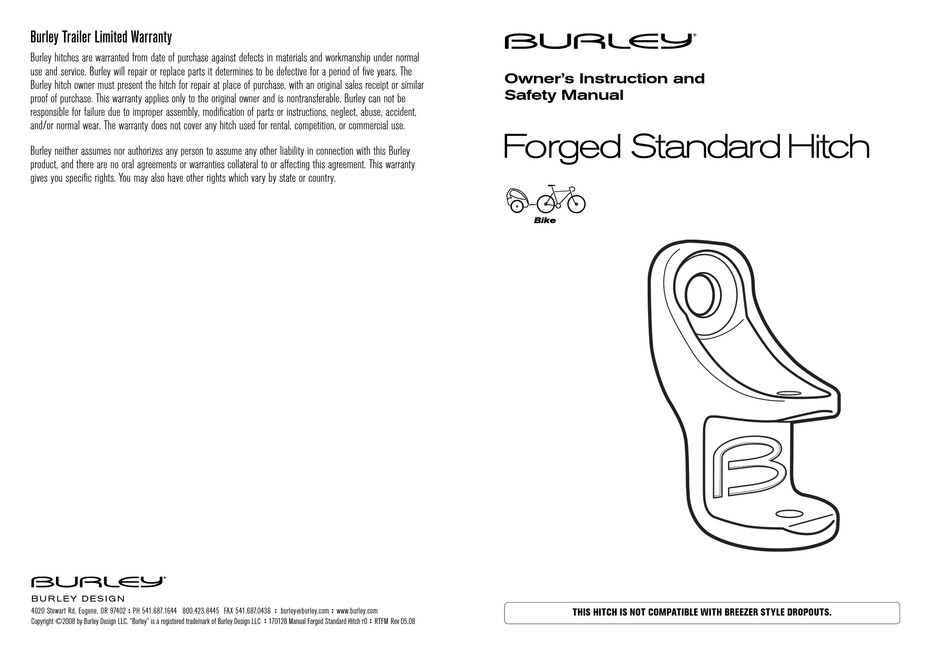 BURLEY STANDARD HITCH OWNER'S INSTRUCTION AND SAFETY MANUAL Pdf