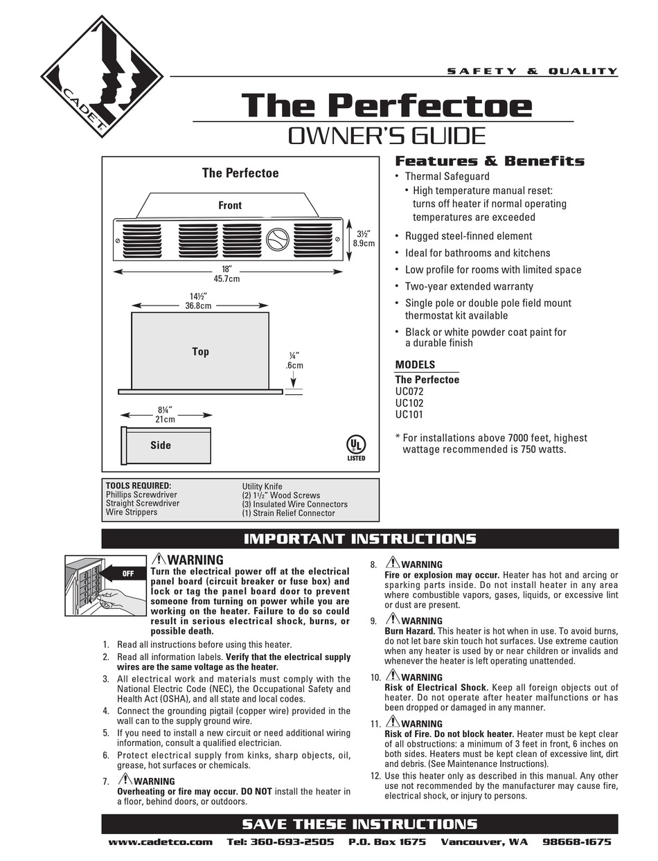 CADET THE PERFECTOE UC072 OWNER'S MANUAL Pdf Download | ManualsLib
