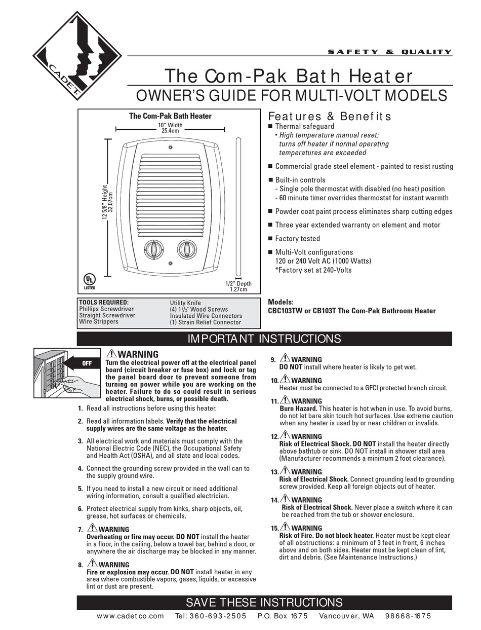 Cadet The Com Pak Bath Heater Cb103t Owners Manual Pdf Download Manualslib