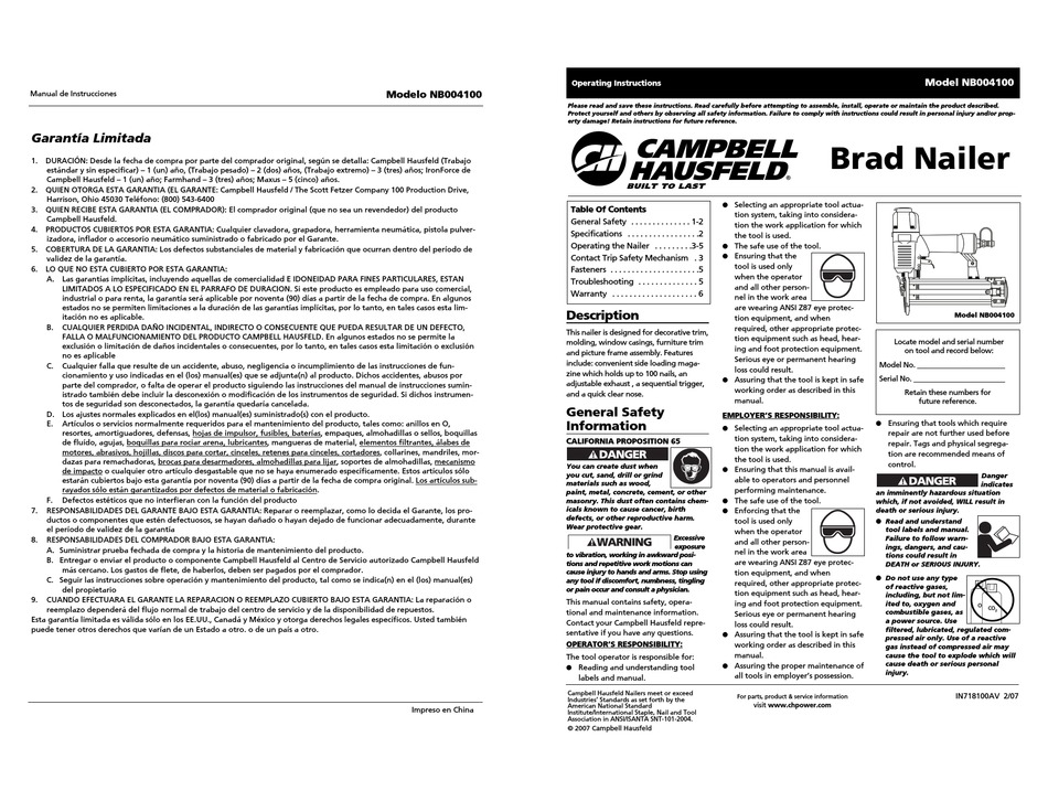 CAMPBELL HAUSFELD NB004100 OPERATING INSTRUCTIONS MANUAL Pdf Download
