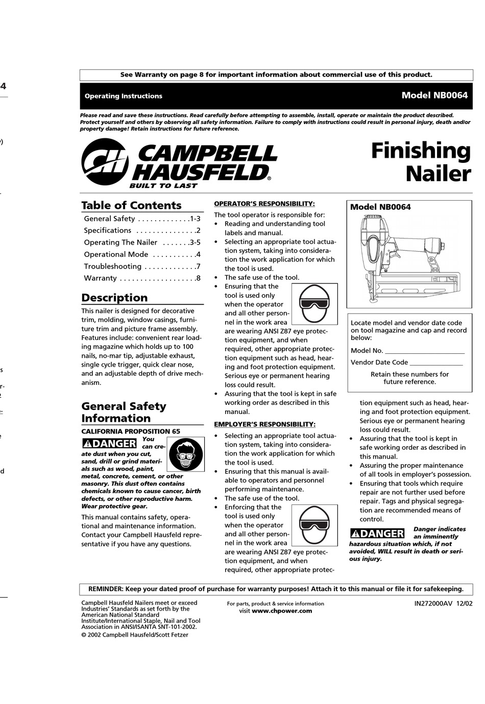 CAMPBELL HAUSFELD NB0064 OPERATING INSTRUCTIONS MANUAL Pdf Download ManualsLib
