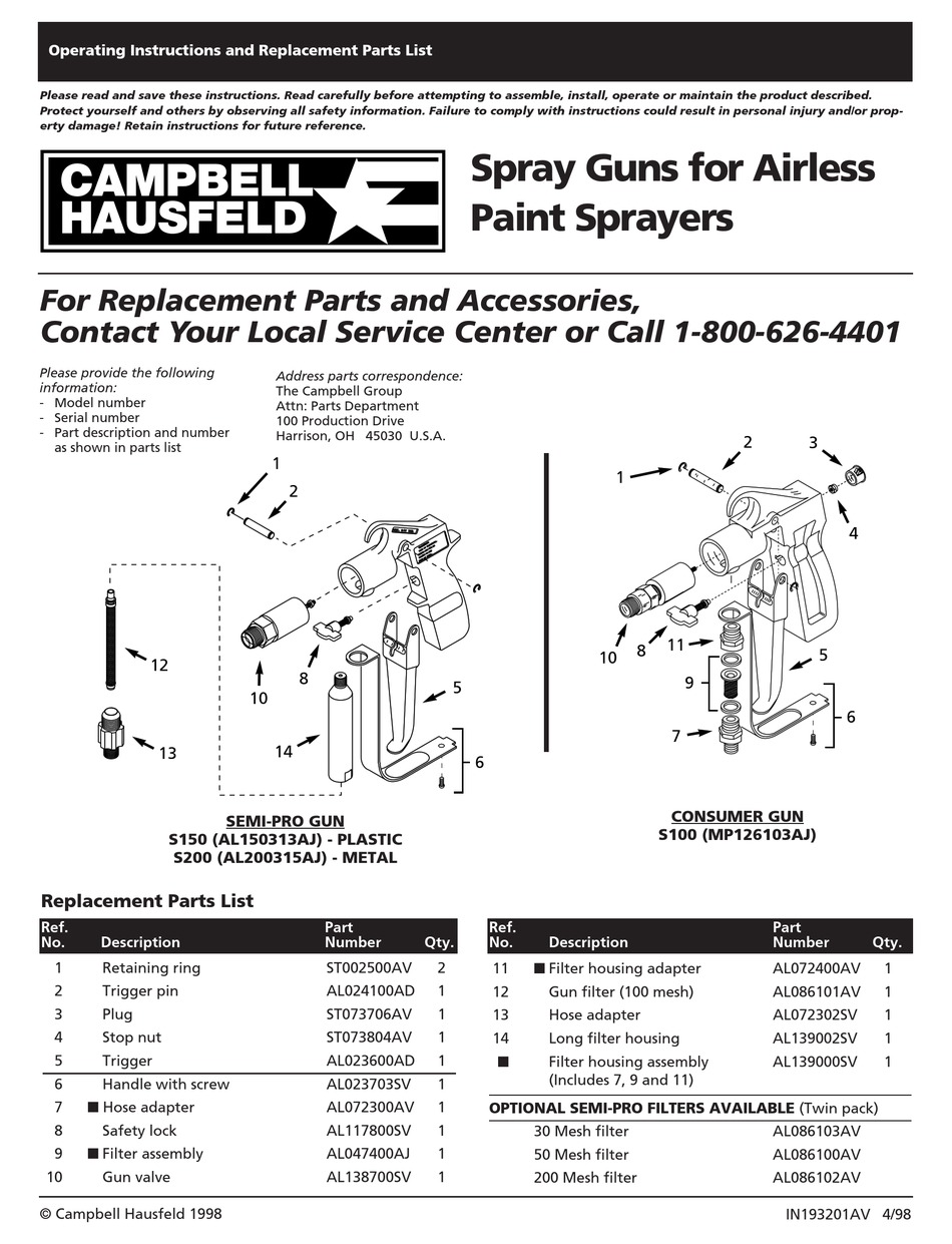 CAMPBELL HAUSFELD S100 OPERATING AND PARTS MANUAL Pdf Download ManualsLib