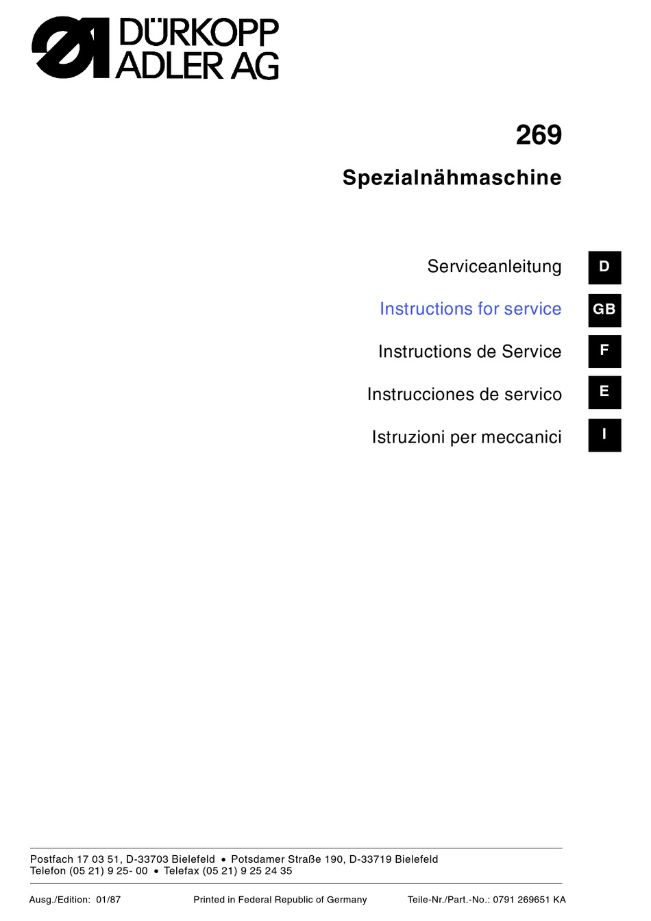 DUERKOPP ADLER 269 INSTRUCTIONS FOR SERVICE MANUAL Pdf Download