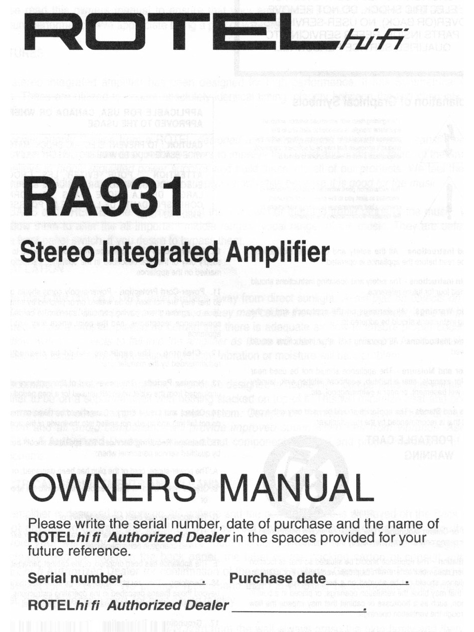ROTEL RA-931 OWNER'S MANUAL Pdf Download | ManualsLib