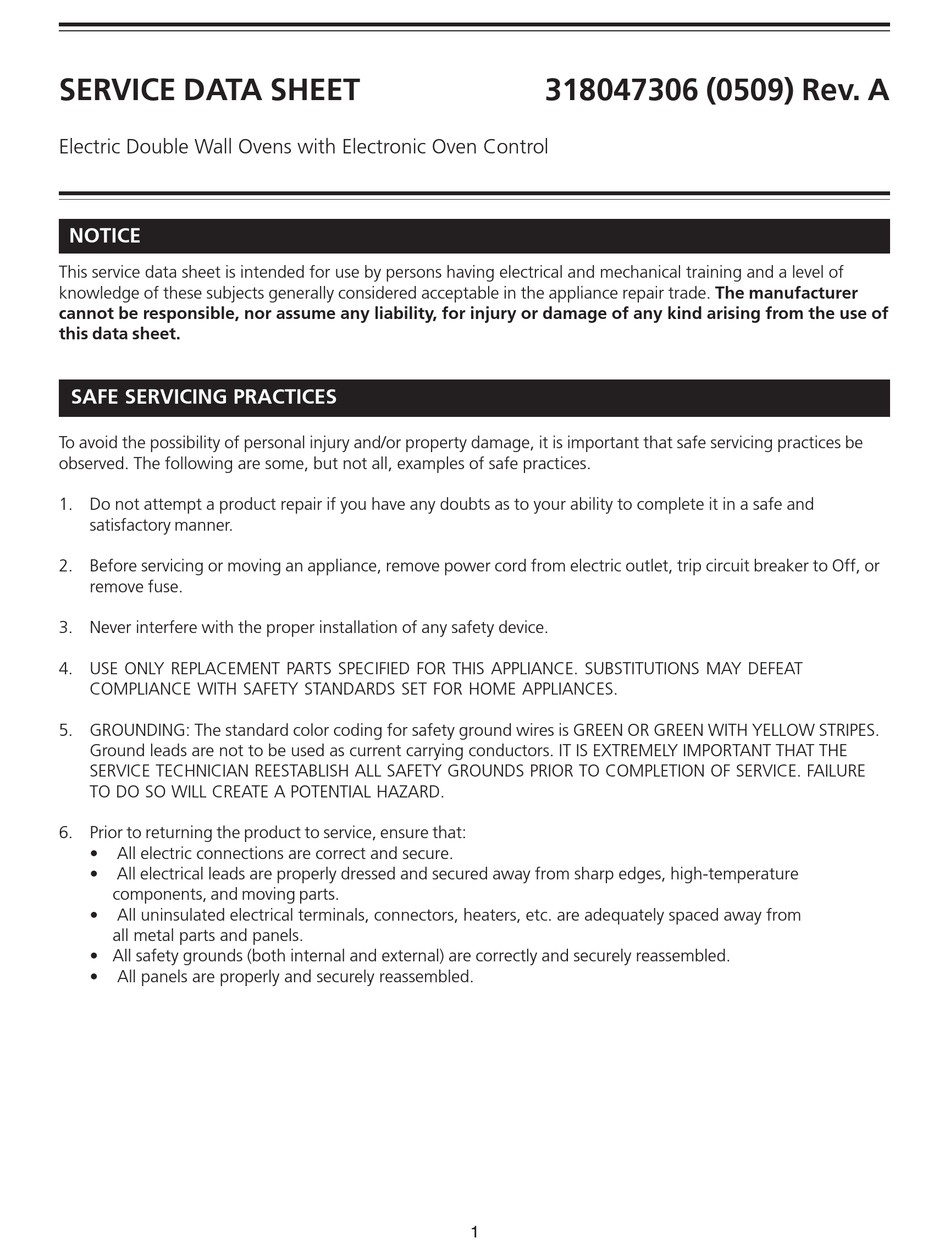 FRIGIDAIRE OVEN SERVICE DATA SHEET Pdf Download | ManualsLib