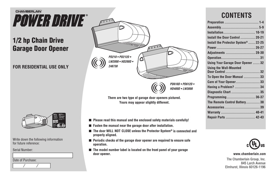 CHAMBERLAIN POWERDRIVE PD210 USER MANUAL Pdf Download ManualsLib