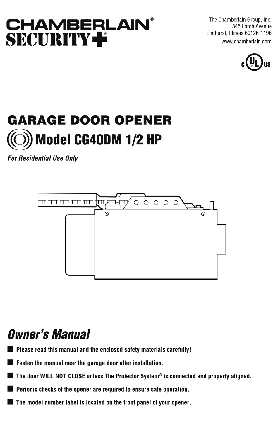 CHAMBERLAIN CG40DM 1/2 HP OWNER