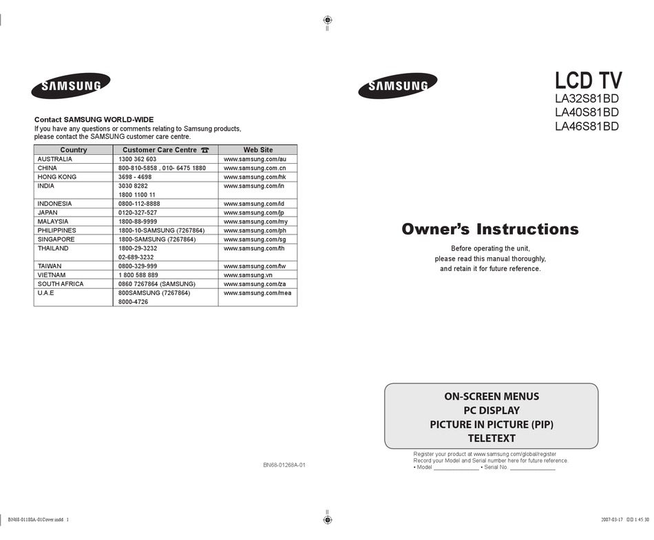 Samsung La46s81bd Owner S Instructions Manual Pdf Download Manualslib