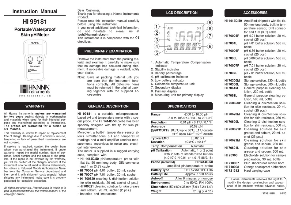 HANNA INSTRUMENTS HI 99181 INSTRUCTION MANUAL Pdf Download ManualsLib