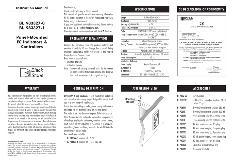 HANNA INSTRUMENTS BL 9833270 INSTRUCTION MANUAL Pdf Download ManualsLib