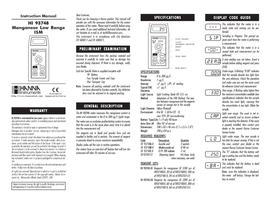 HANNA INSTRUMENTS HI 93748 INSTRUCTION MANUAL Pdf Download ManualsLib