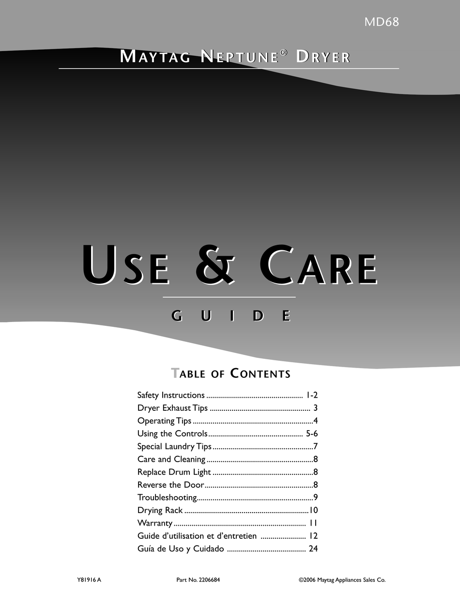 MAYTAG NEPTUNE MD68 USE & CARE MANUAL Pdf Download ManualsLib