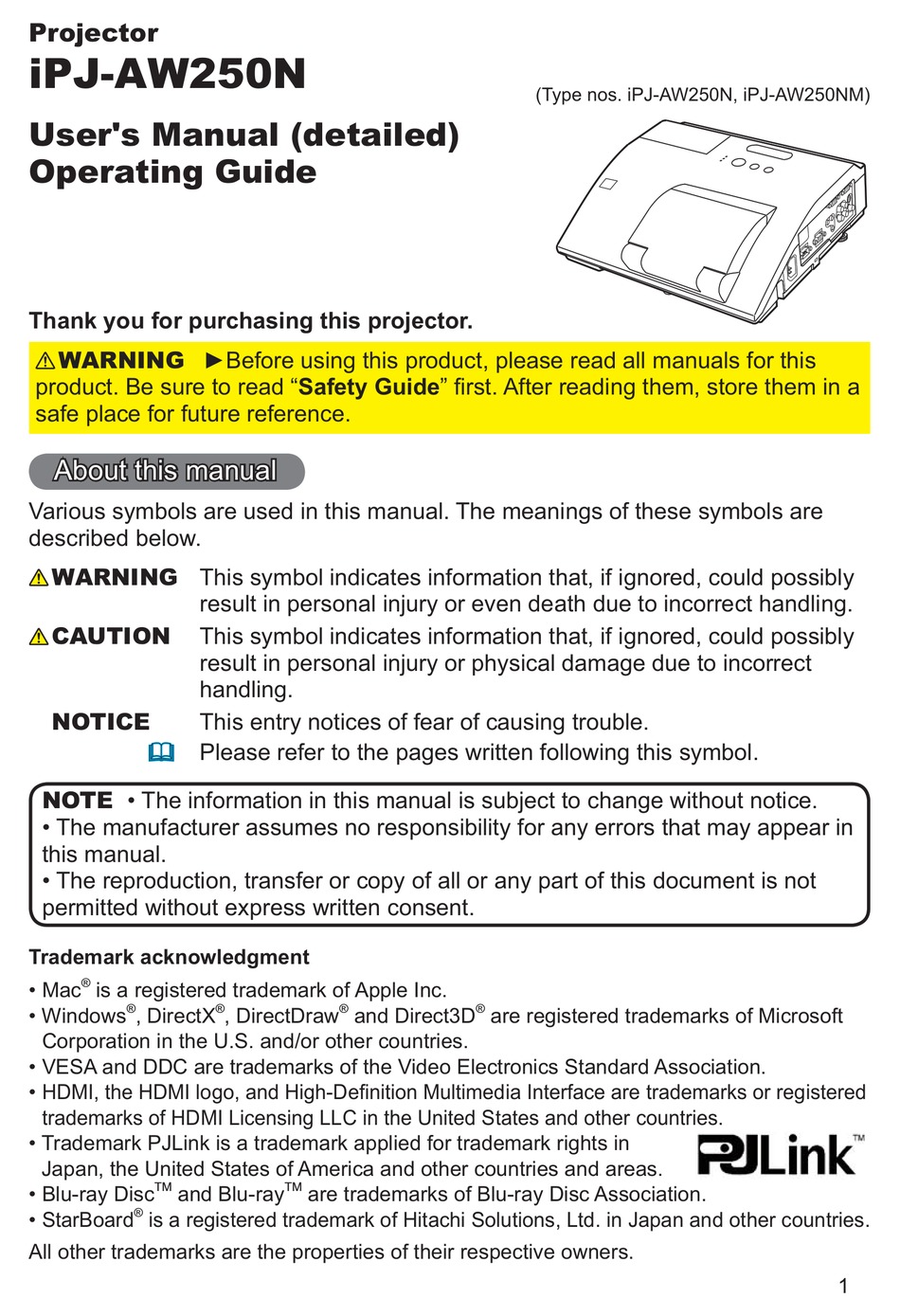 HITACHI IPJ-AW250N USER'S MANUAL AND 