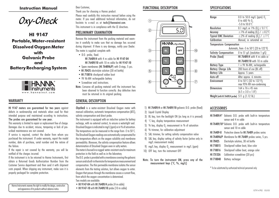HANNA INSTRUMENTS HI 9147 INSTRUCTION MANUAL Pdf Download ManualsLib