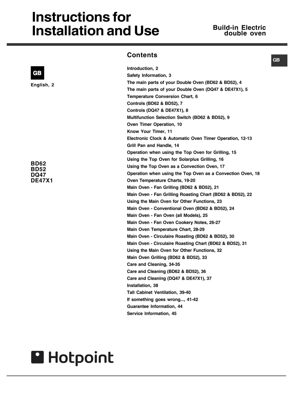 HOTPOINT DQ47 INSTRUCTIONS FOR INSTALLATION AND USE MANUAL Pdf Download ...