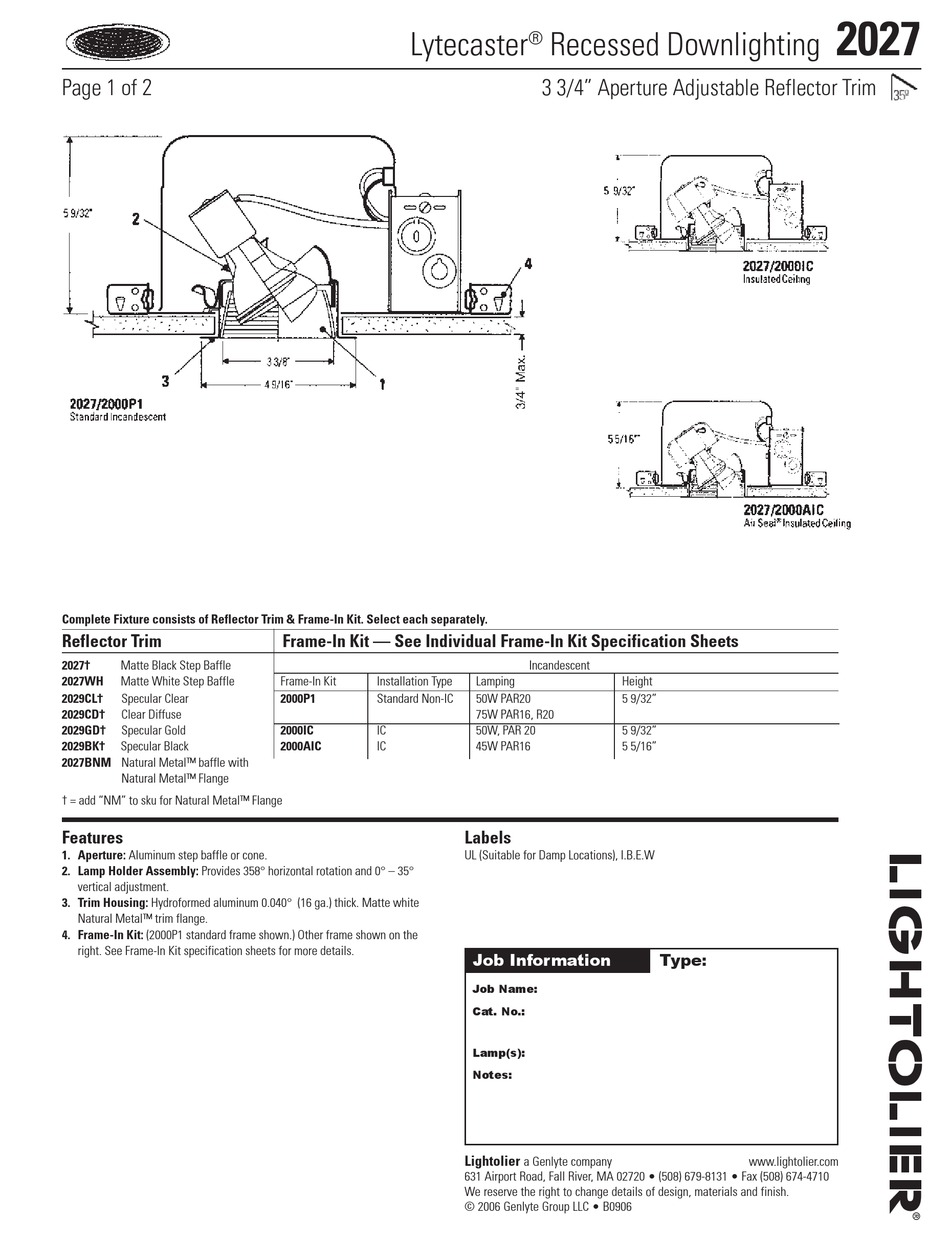 LIGHTOLIER LYTECASTER 2027 SPECIFICATION Pdf Download | ManualsLib