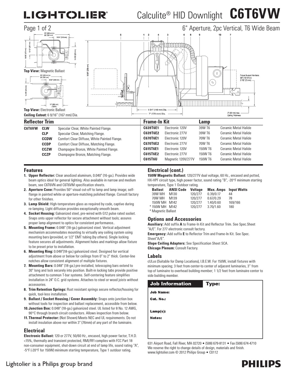 LIGHTOLIER CALCULITE C6T6VW SPECIFICATION Pdf Download | ManualsLib