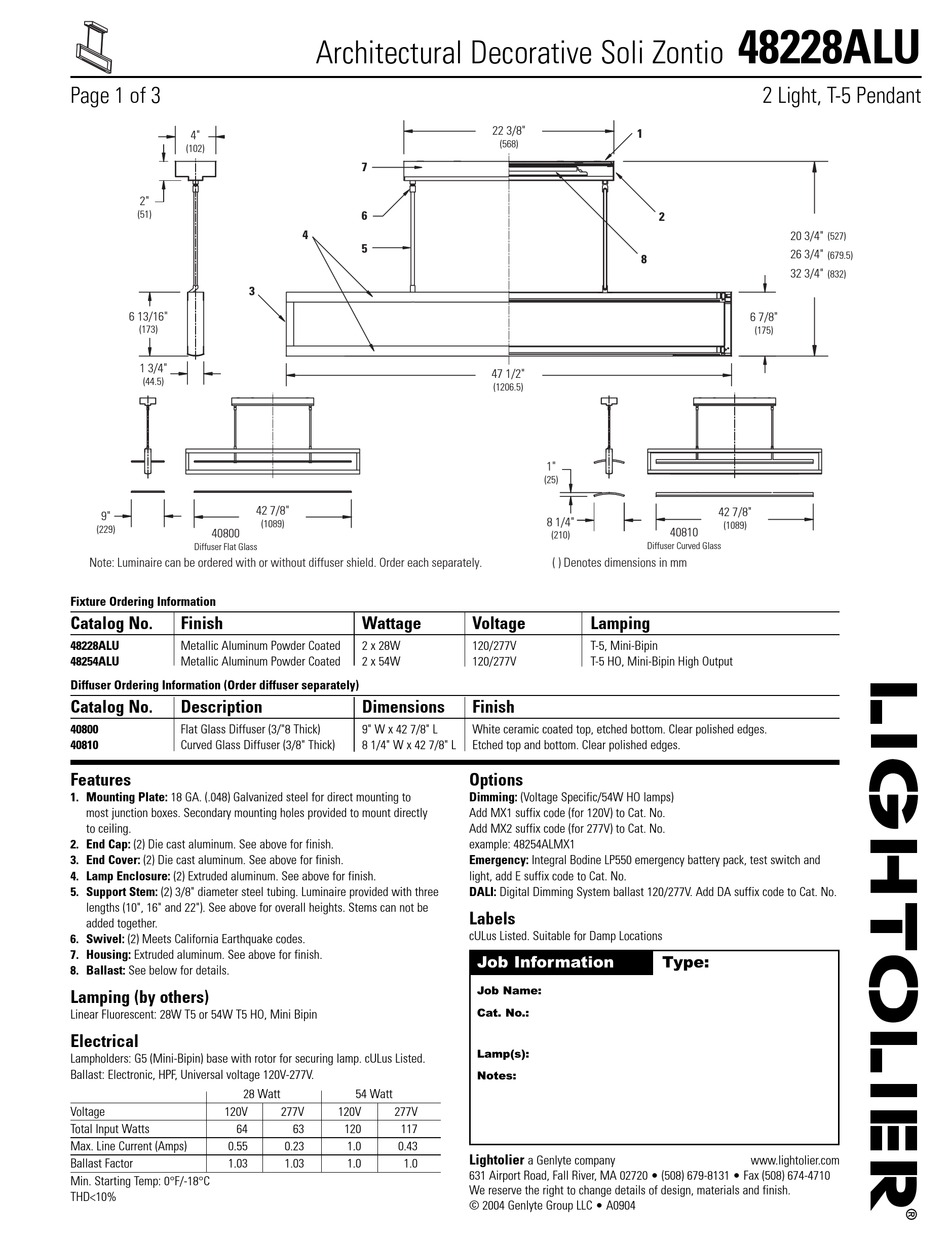 LIGHTOLIER 48228ALU SPECIFICATION Pdf Download | ManualsLib