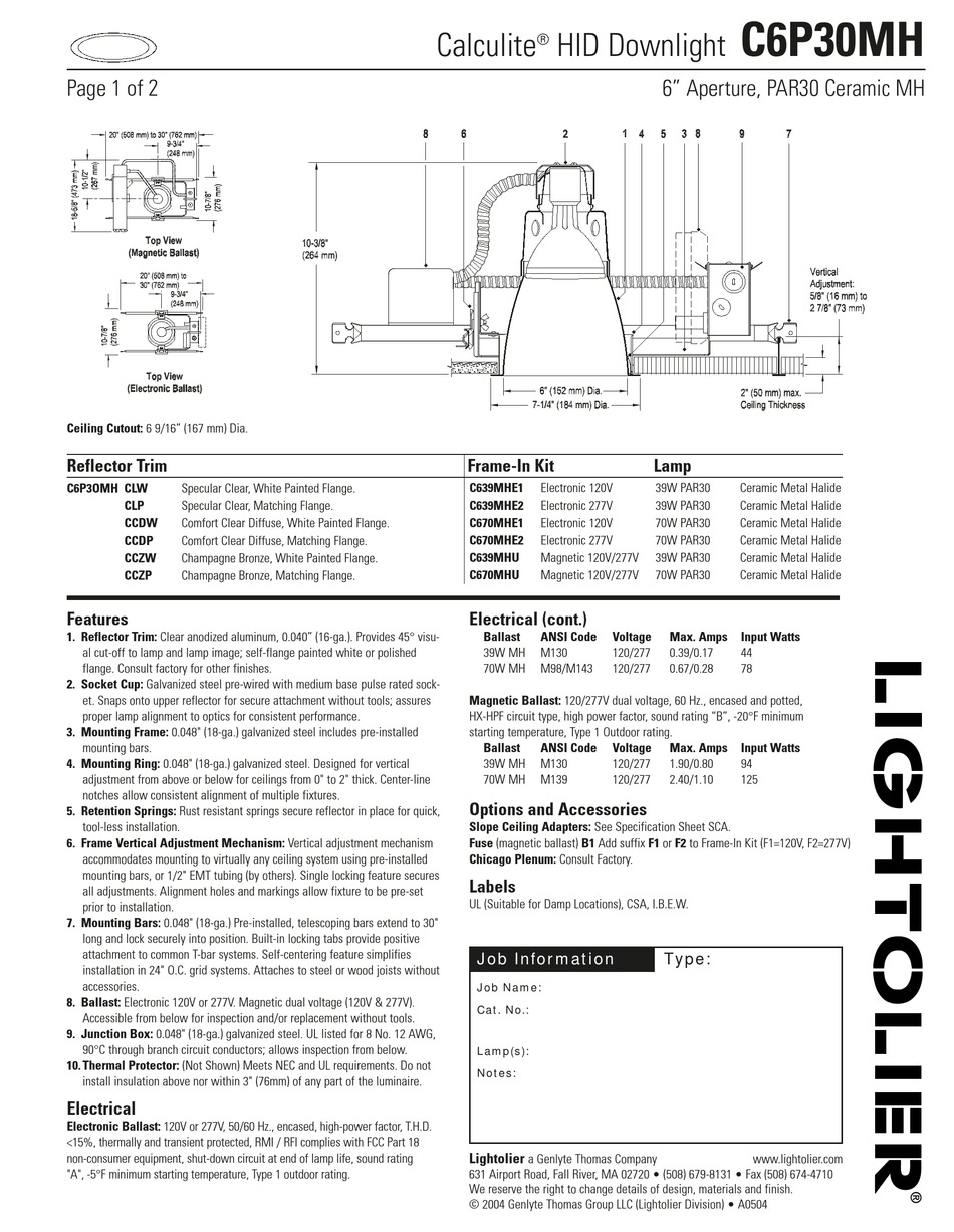 LIGHTOLIER CALCULITE C6P30MH SPECIFICATION Pdf Download | ManualsLib